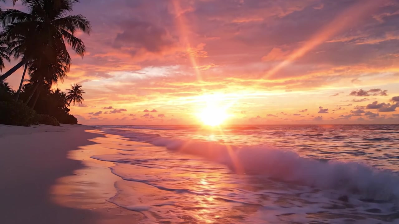 Pôr do Sol Deslumbrante Sobre Praia Tranquila com Cores Vibrantes Refletindo em Ondas Calmas, Palmeiras Silhuetadas Contra um Céu Espetacular.