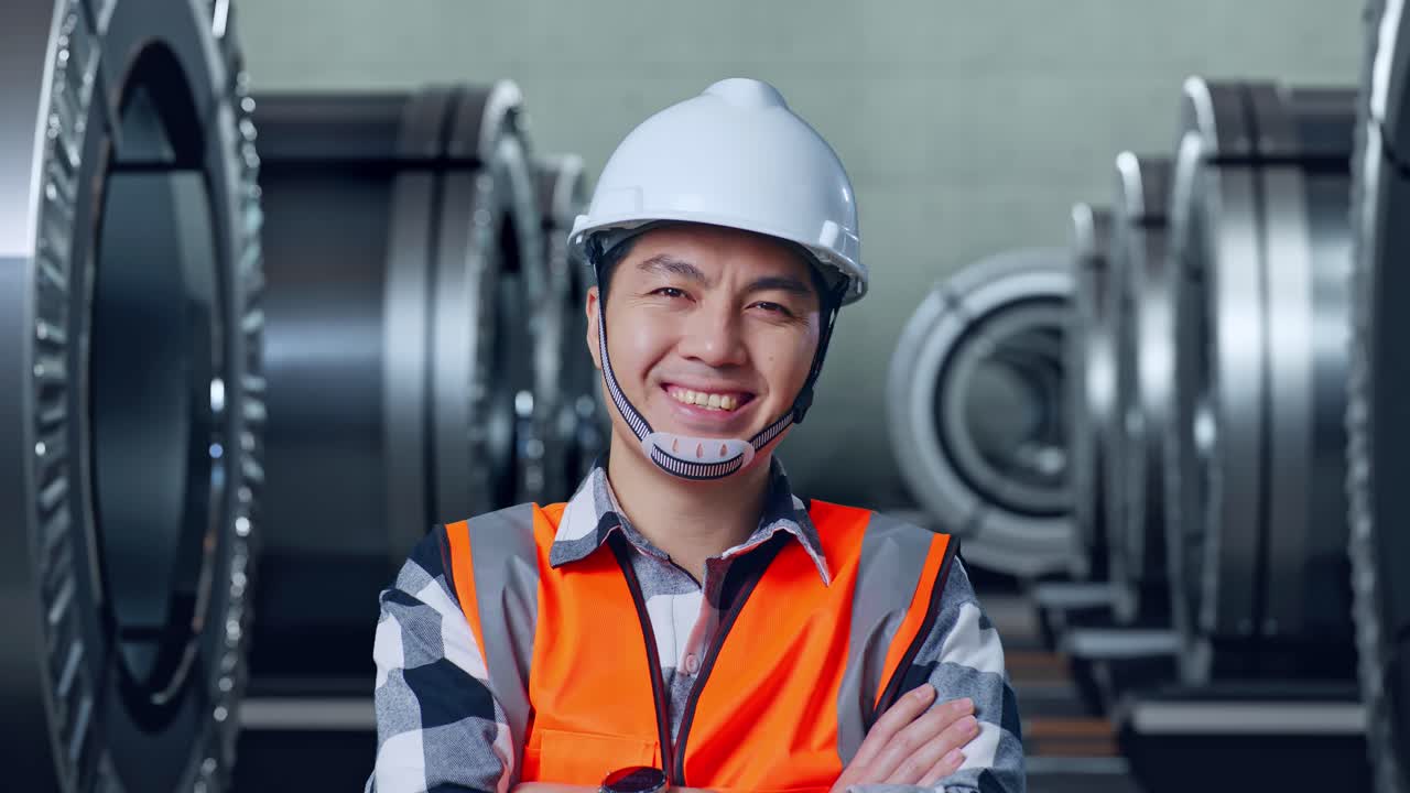 안전 헬을 입은 아시아 남성 엔지니어가 팔을 고 금속 공장에서 서서 카메라에 미소 짓고 있습니다.