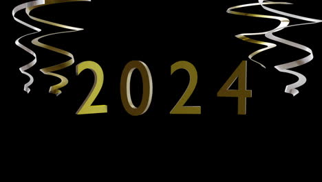 animation of 2024 text, gold and silver streamers on black background