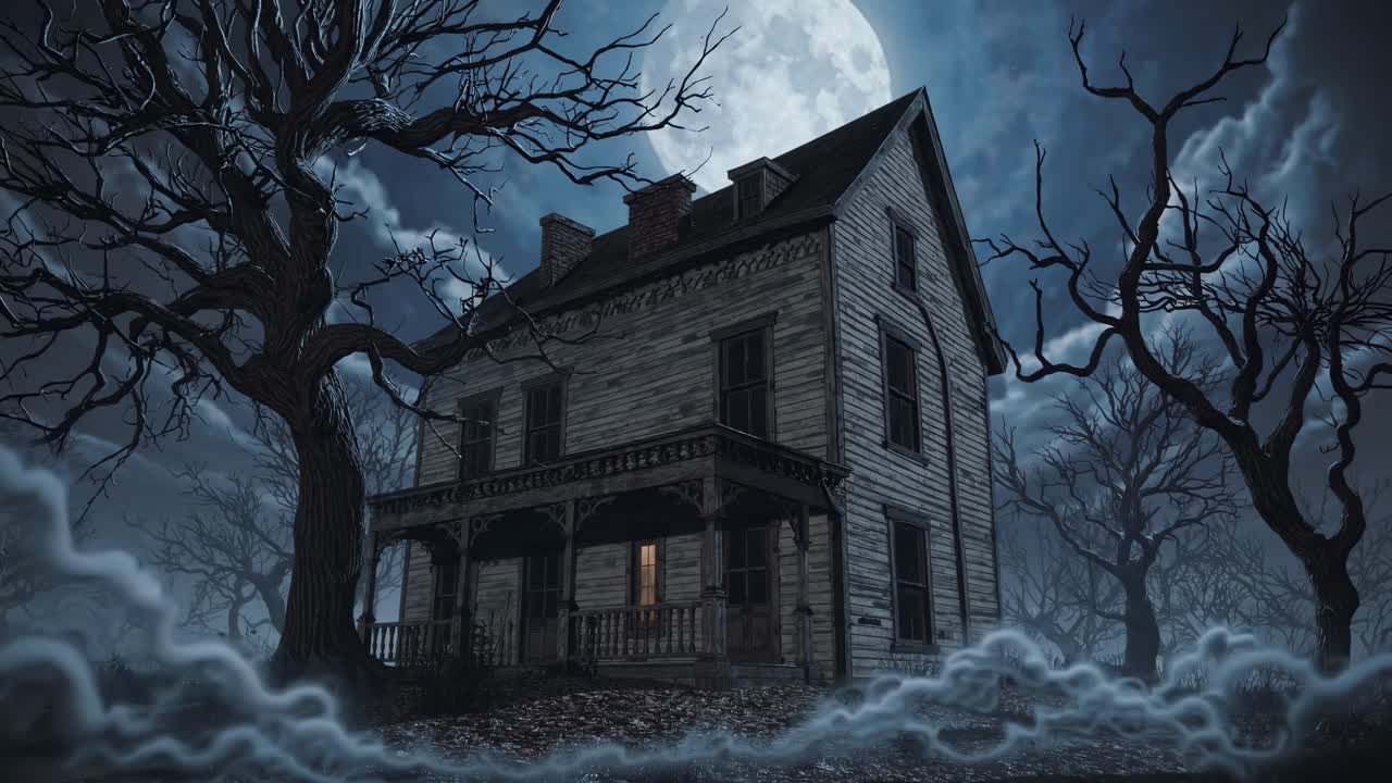 Eerie video scene of a haunted house at night, captured from a low angle