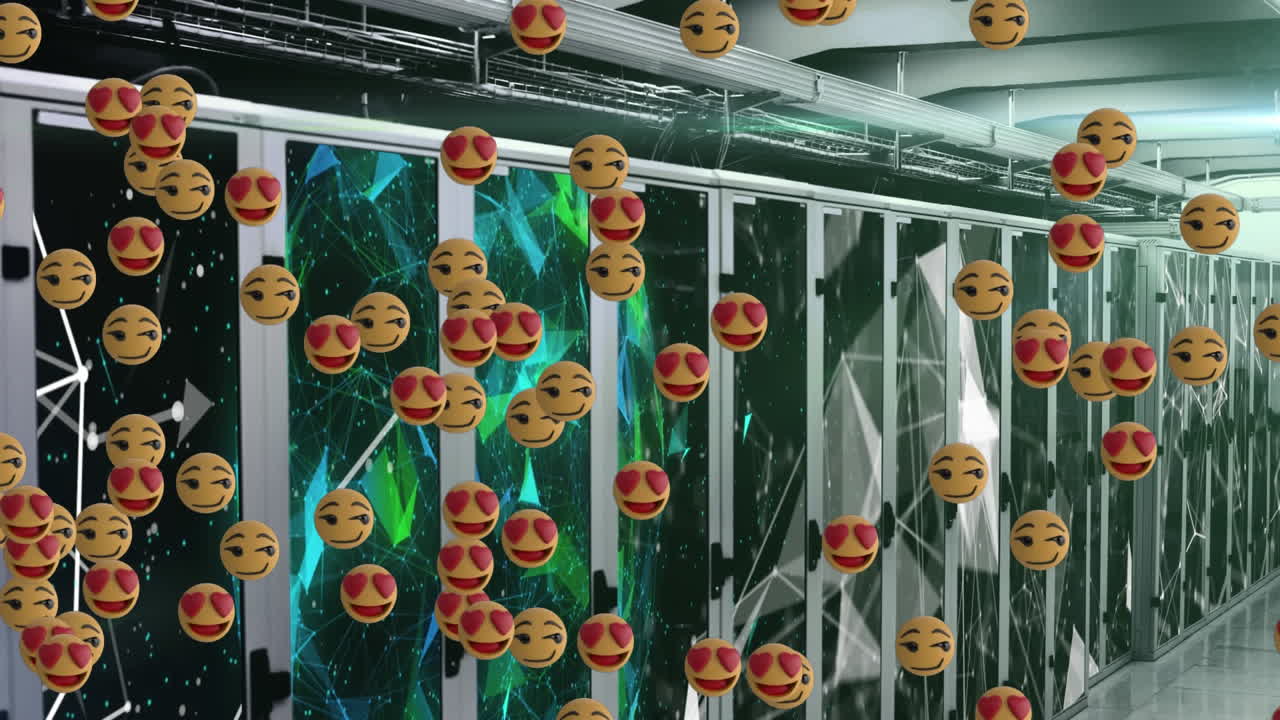 emojis amarillos flotando sobre la sala de pantallas que muestran la conexión de las redes.