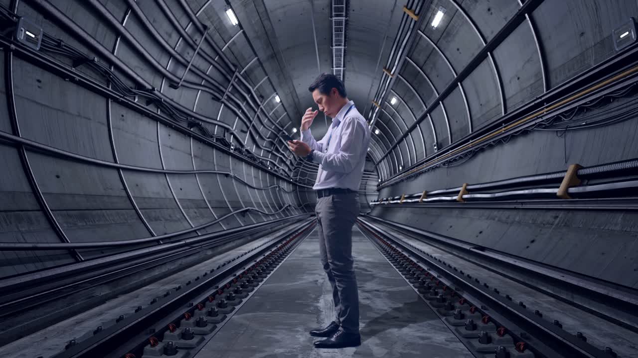 Full Body Side View Of An Asian Male Professional Worker Standing With His phone In Underground Subway Tunnel, He Is Nodding His Head With Dissapionted