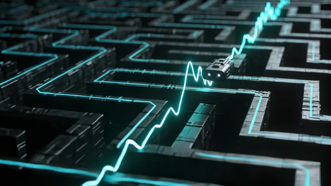 Waveform advancing, wheeled robotic vehicle following cyan trace along maze corridor, copy space