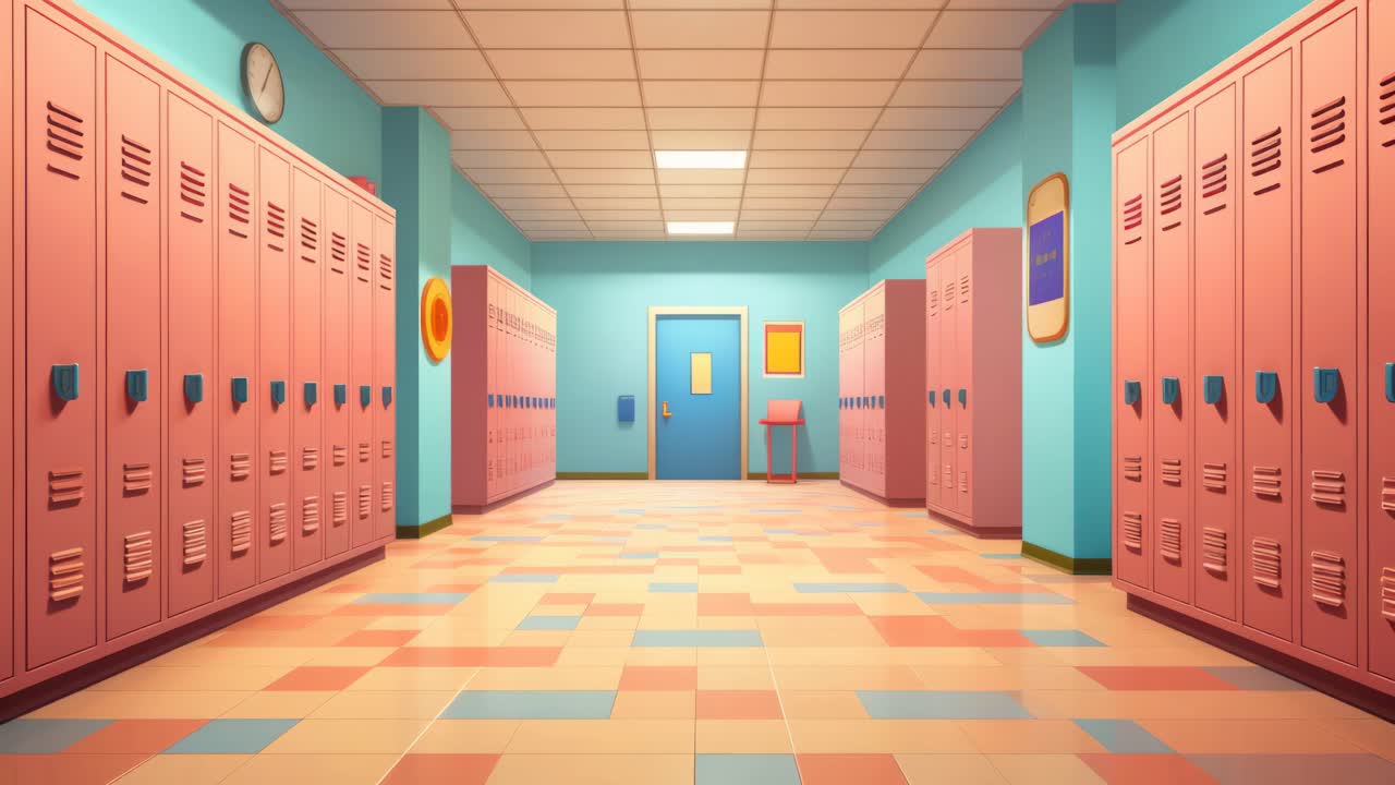 A colorful animated school hallway scene with pink lockers, viewed from ...