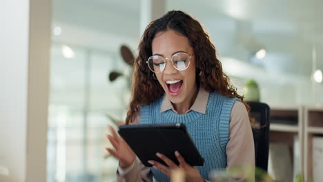 tablet, good news and excited woman in office