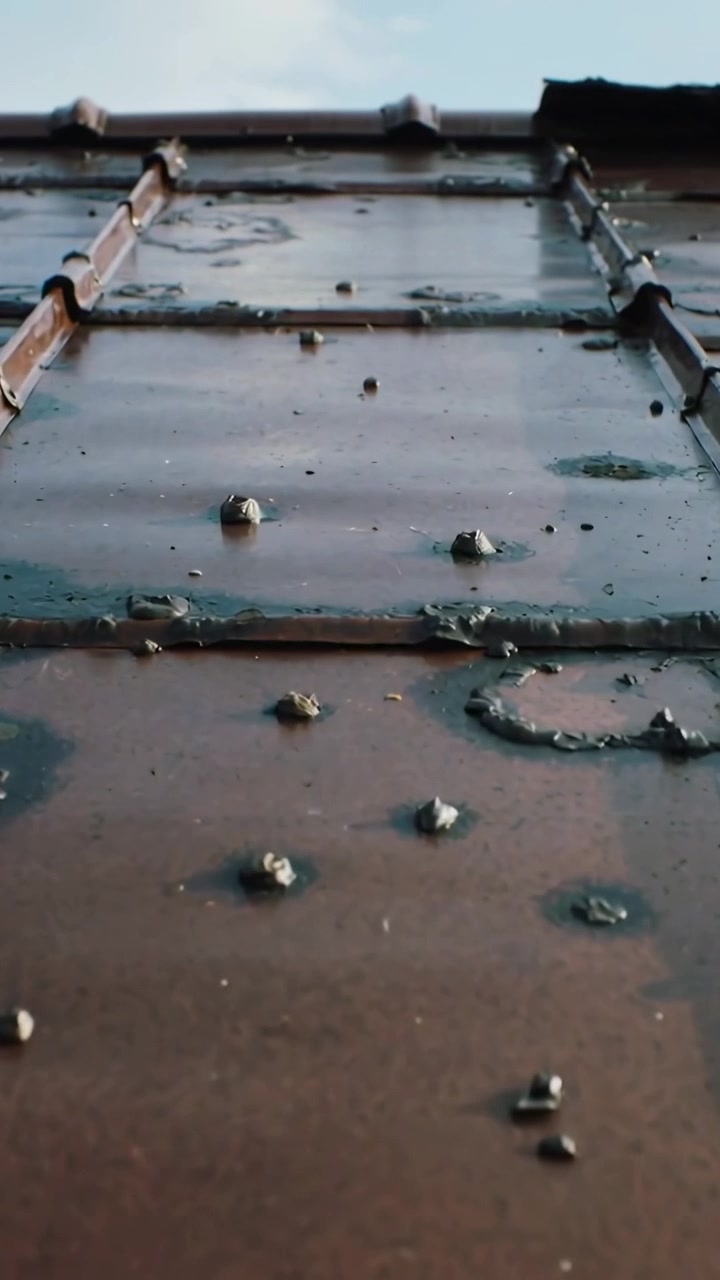 Vertical video: Starting pan moving camera up along rusty metal panel on container, showing rivets