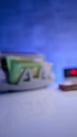 Currency stack is counted in money counting machine. Blurred image. Female hand takes banknotes pile and puts at the foreground. Vertical video.