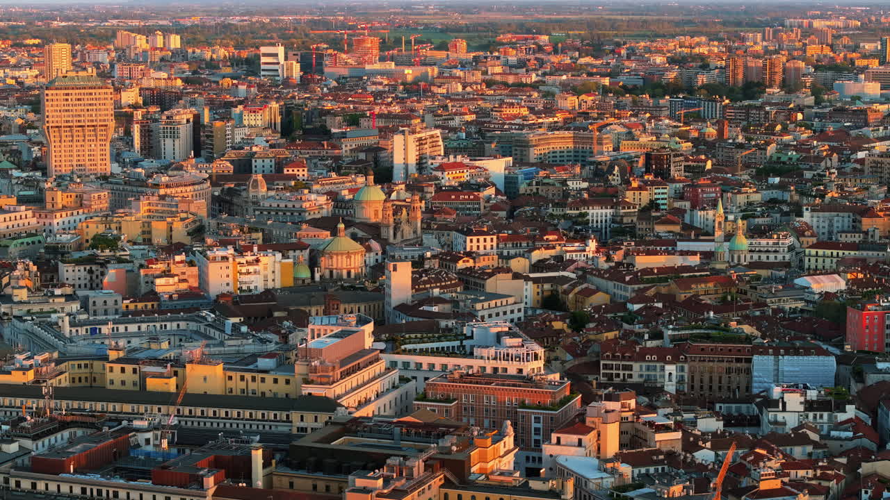 Aerial drone view of the city centre of Milan, Italy on a sunny day