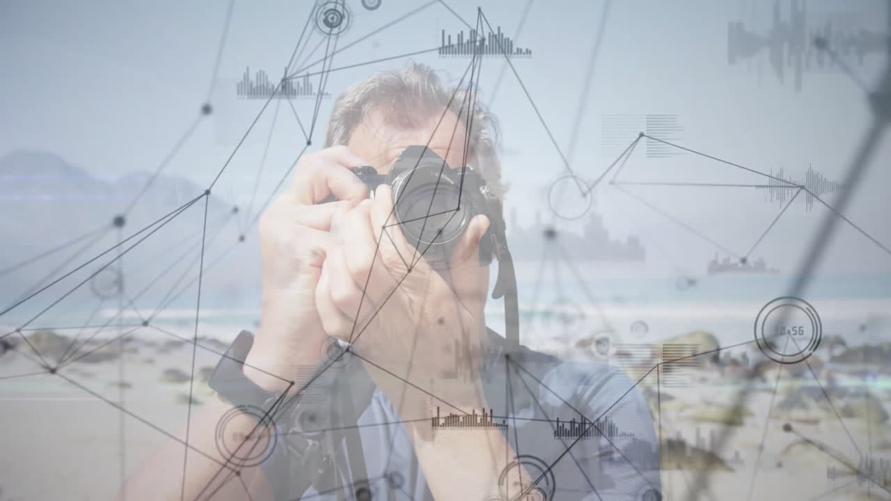 Man capturing rocky beach with DSLR camera, integrating tech via network lines and data graphs