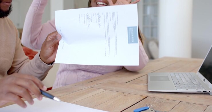 Couple reviewing printed paperwork at wooden table, laptop, keys, man signing, woman smiling
