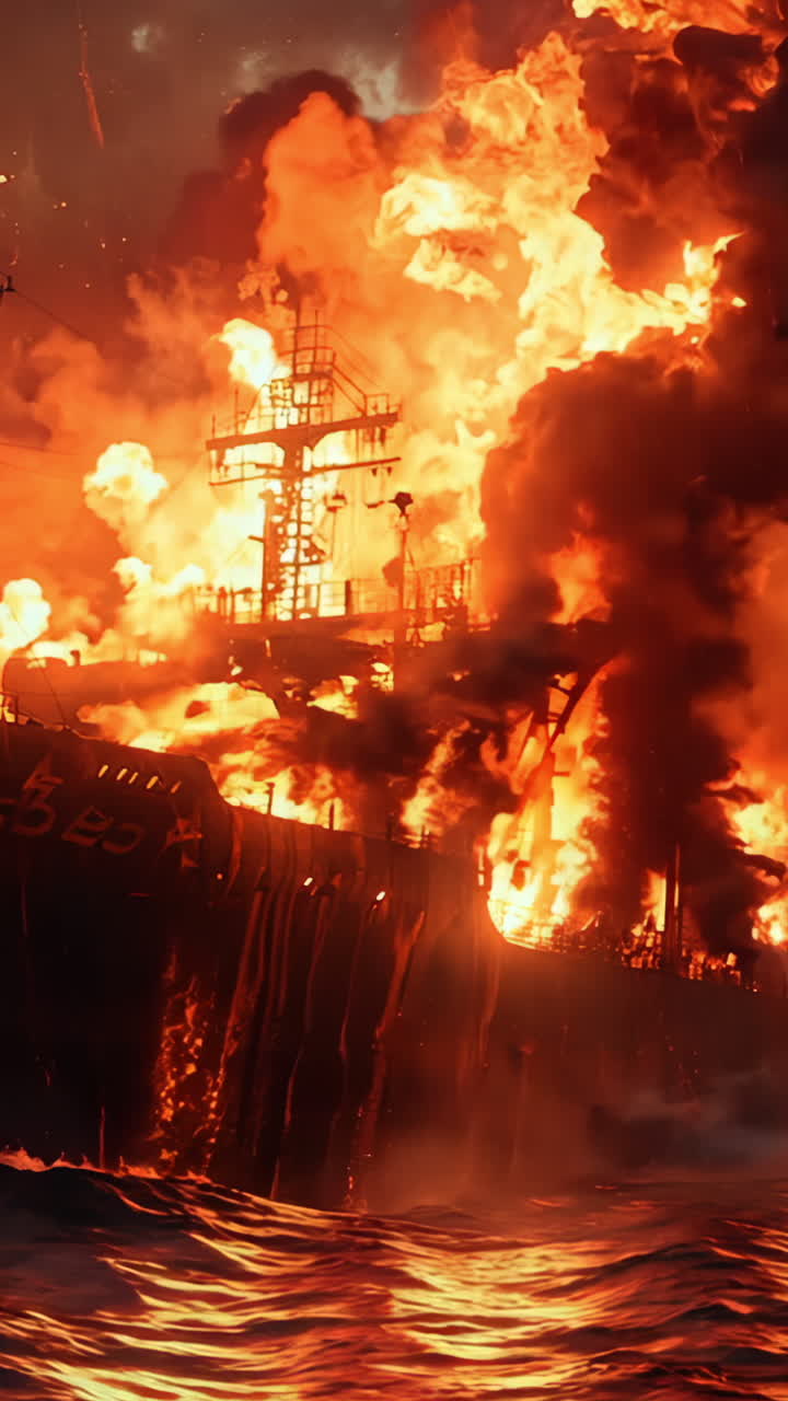 A ship is on fire in the ocean. The fire is so intense that it is creating a lot of smoke and flames. The scene is very dramatic and intense, with the ship being the main focus of the image Vertical video