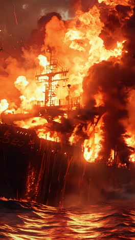a ship is on fire in the ocean. the fire is so intense that it is creating a lot of smoke and flames. the scene is very dramatic and intense, with the ship being the main focus of the image vertical video