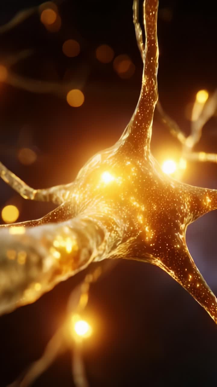 Incredibile primo piano di un neurone scintillante che mostra strutture intricate ed elementi luminosi che ne evidenziano il ruolo complesso e vitale nel sistema nervoso