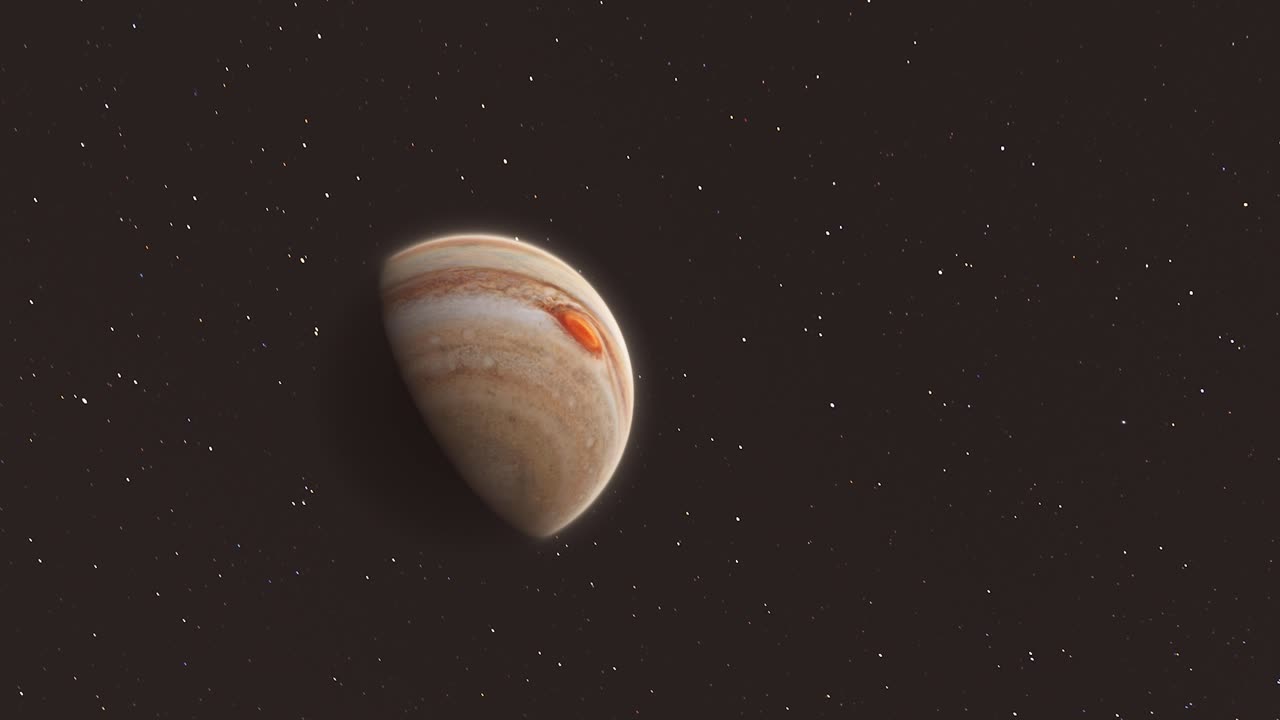 zoom rápido de júpiter con fondo dramático de galaxia de la vía láctea - animación espacial cgi clip 4k