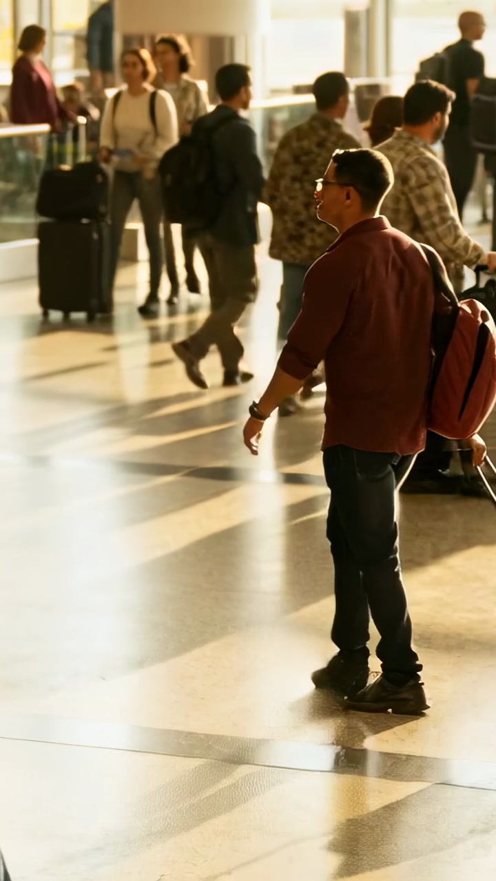 Vertical video: Striding suited man heading to gate through terminal, passing others with suitcases