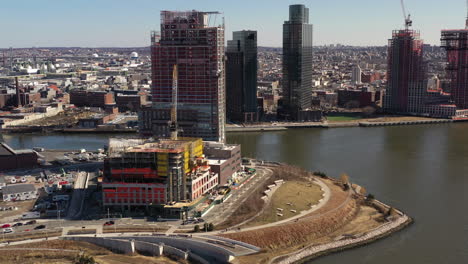 a high angle view over the east river facing long island city on a sunny day