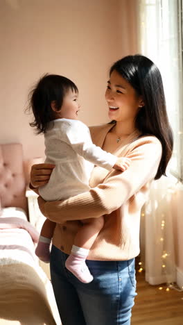 Tender moments between a mother and her baby in a sunlit home