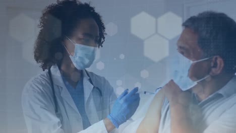 animation of shapes over diverse doctor and patient vaccinating