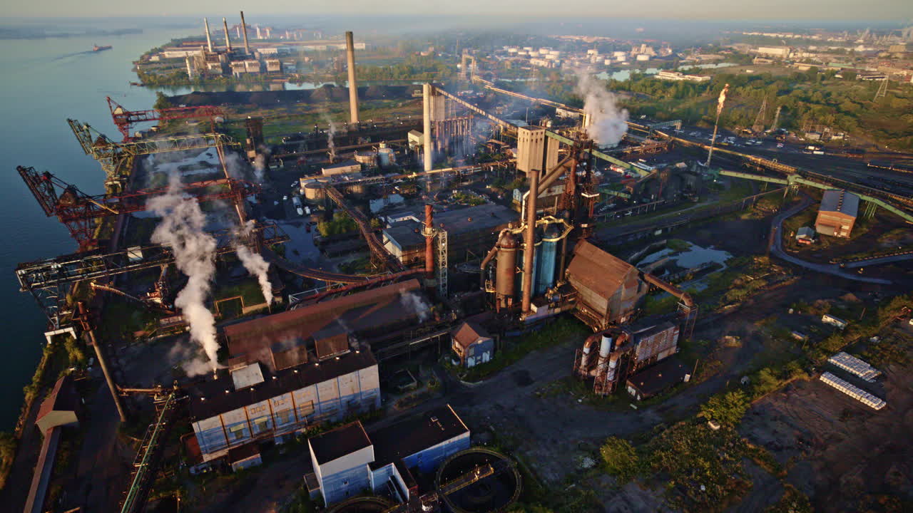 Drone shot flying over vast industrial landscape along the Detroit river