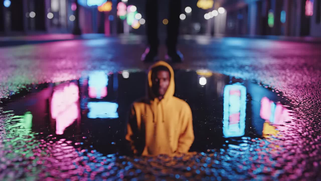 Person reflected in a puddle at night
