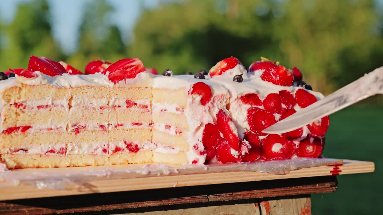Taglio di una torta a strati con crema e fragole nella Lettonia rurale, con la luce soffusa del tramonto.