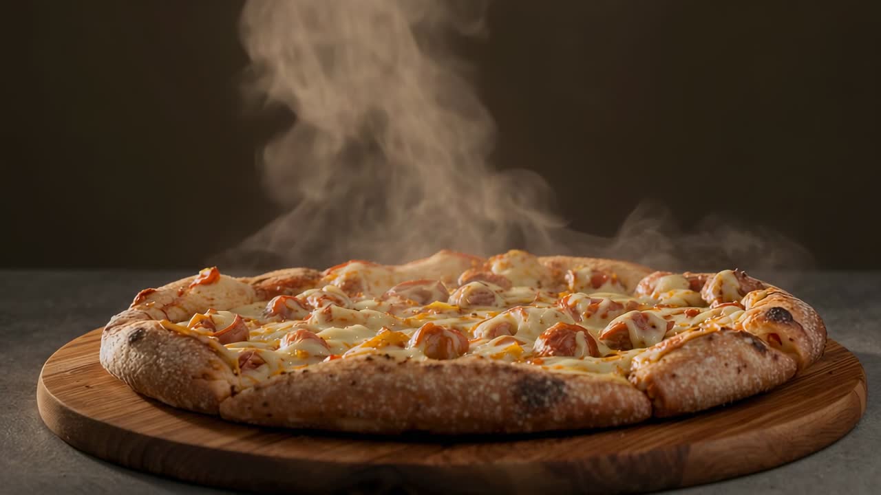 Liberando vapore dopo averla tolta dal forno, pizza rotonda che si raffredda su un tavolo scuro, con tagliere in legno