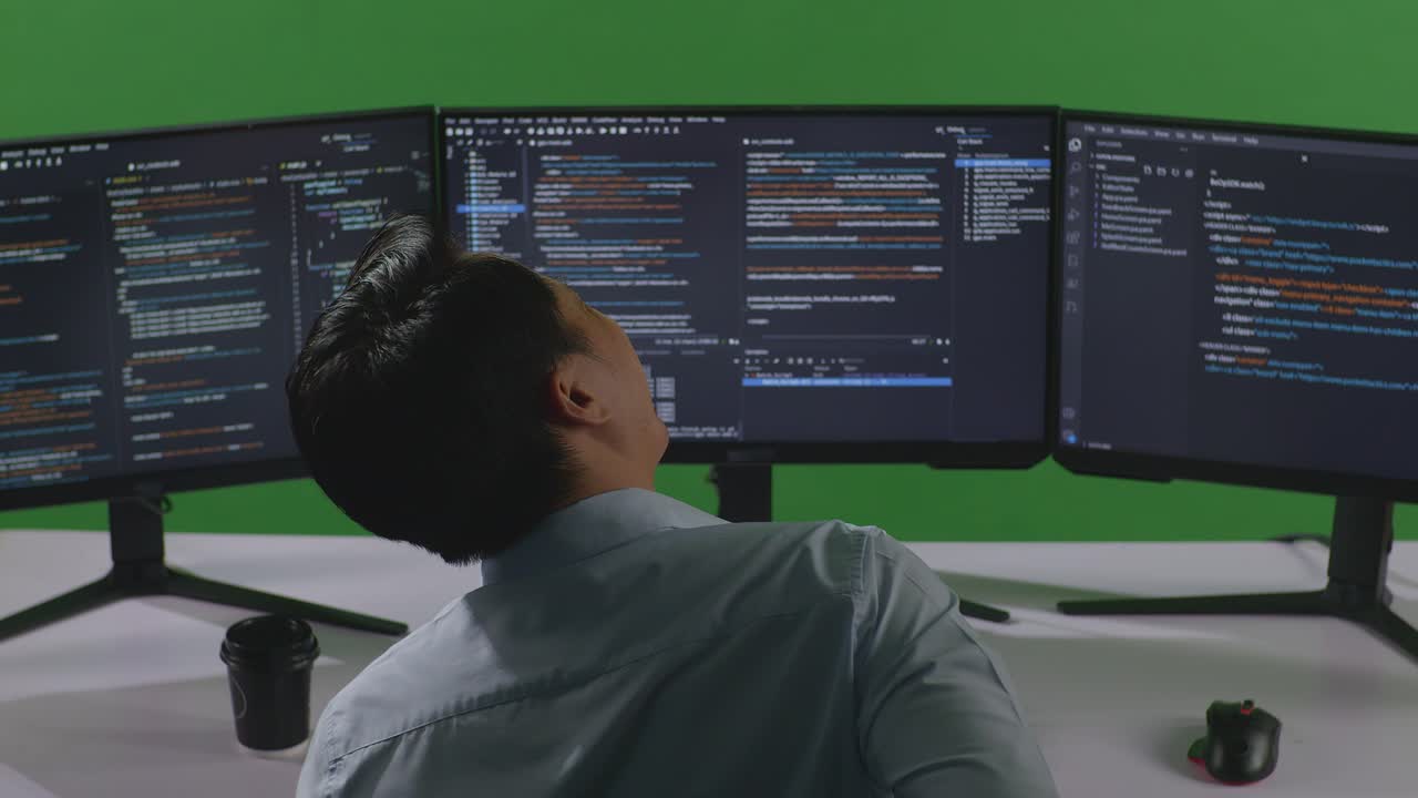 Back View Of Asian Man Developer Having Backache While Write Code With Multiple Computer Screens In Green Screen Studio