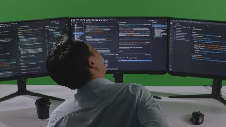 Back View Of Asian Man Developer Having Backache While Write Code With Multiple Computer Screens In Green Screen Studio