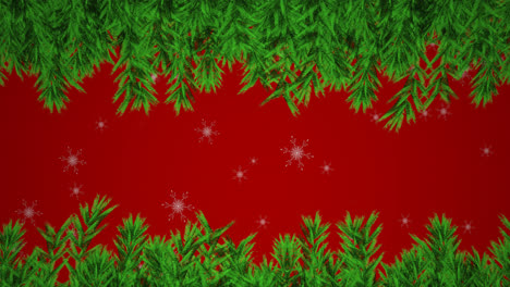 Christmas-tree-branches-and-snowflakes-icons-falling-against-red-background