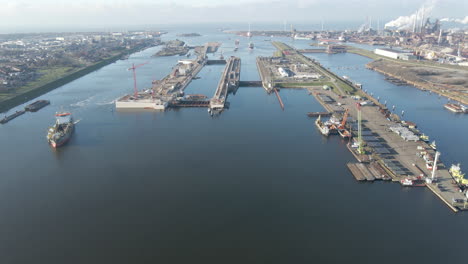 jib up of ship passing ijmuiden sluis, the largest sea ship lock in the world