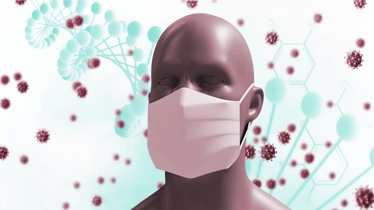 animación de una cabeza humana digital con una máscara facial con modelos de virus flotando en un fondo blanco