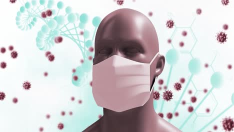 animation of a digital human head wearing a face mask with virus models floating on a white backgrou