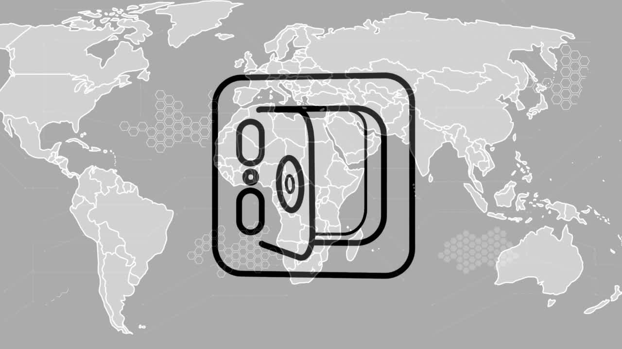 Animation of financial icons over world map on grey background