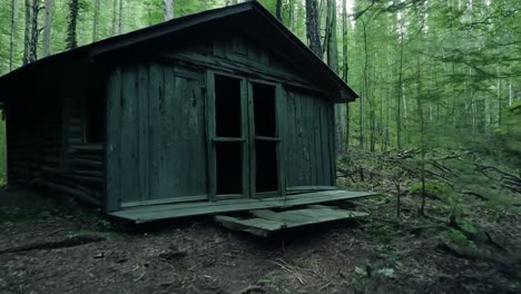 approaching an abandoned cabin nestled in a dense forest, revealing an atmosphere of mystery and solitude