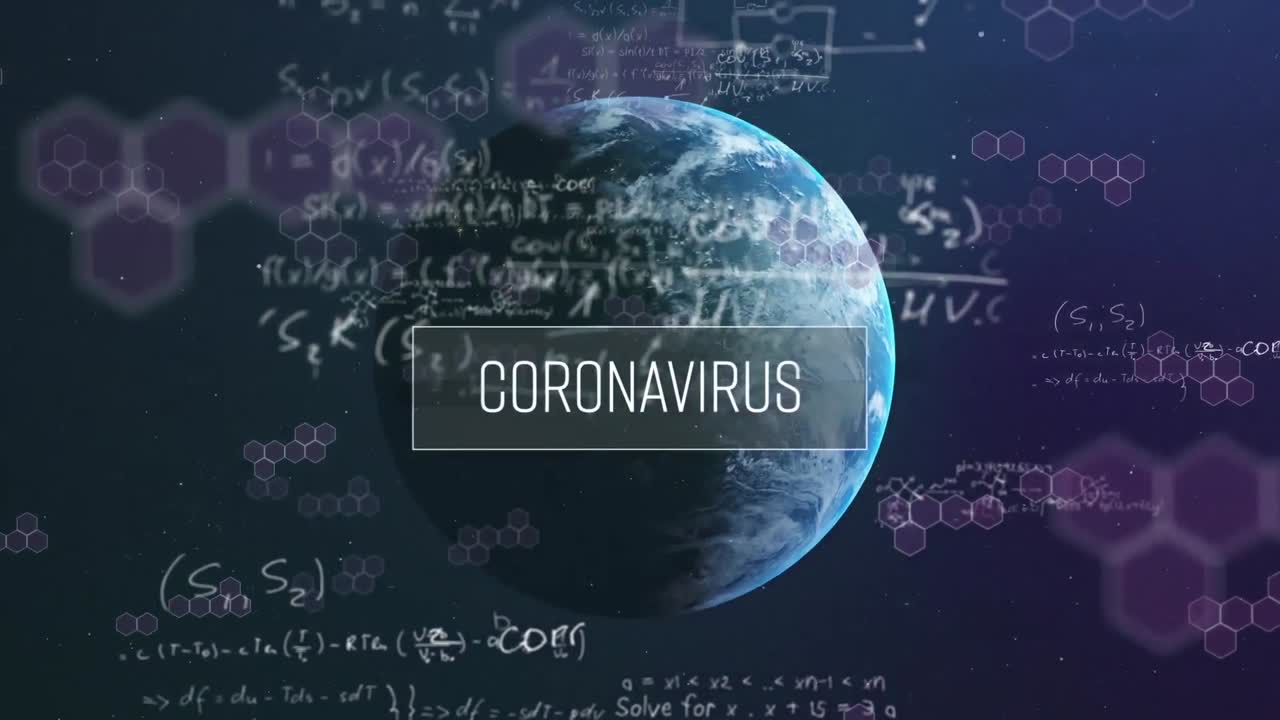 코로나 19 세포의 애니메이션과 전 세계를 떠다니는 데이터 처리