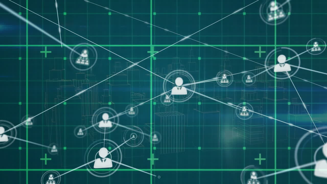 Animazione di una rete di connessioni con icone di persone in sovrapposizione all'elaborazione dati