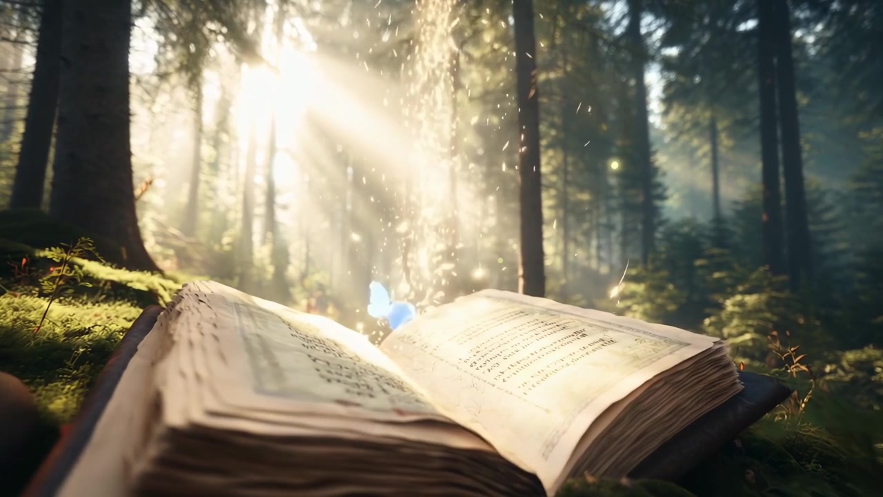 Open Book in a Magical Forest with Sparkling Sunlight