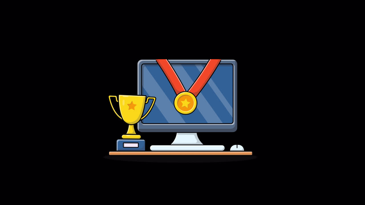Cartoon Computer with Trophy and Medal for Online Achievement