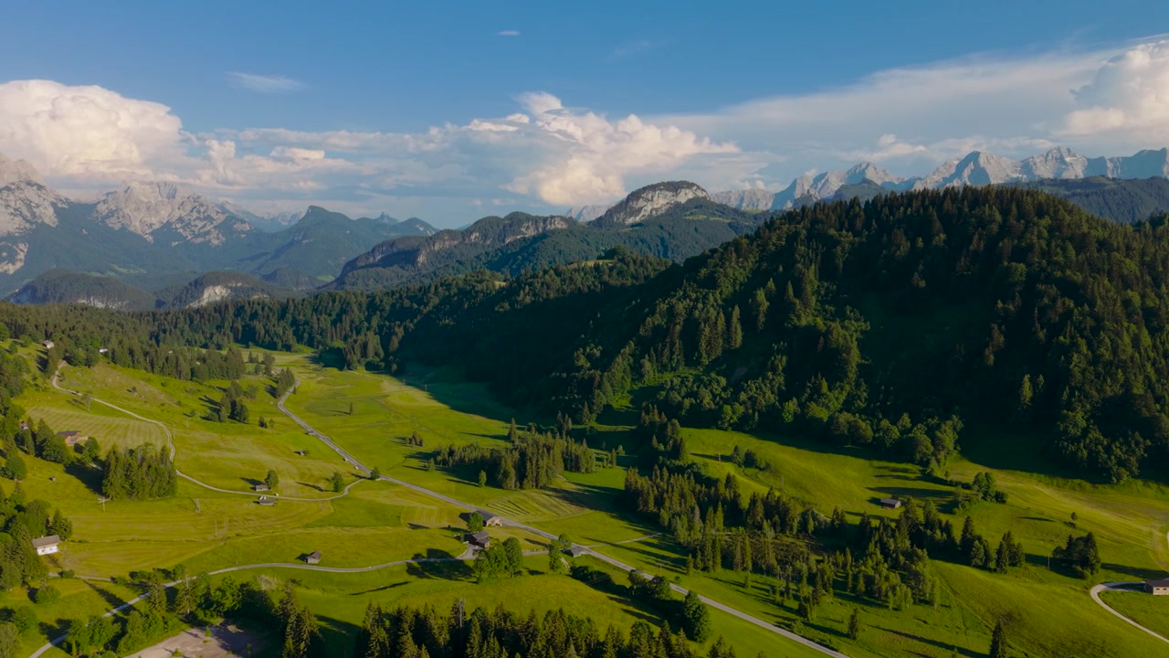 Vibrante valle alpina Heutal con fitti alberi sempreverdi e cime montuose distanti. Ripresa aerea in Austria.