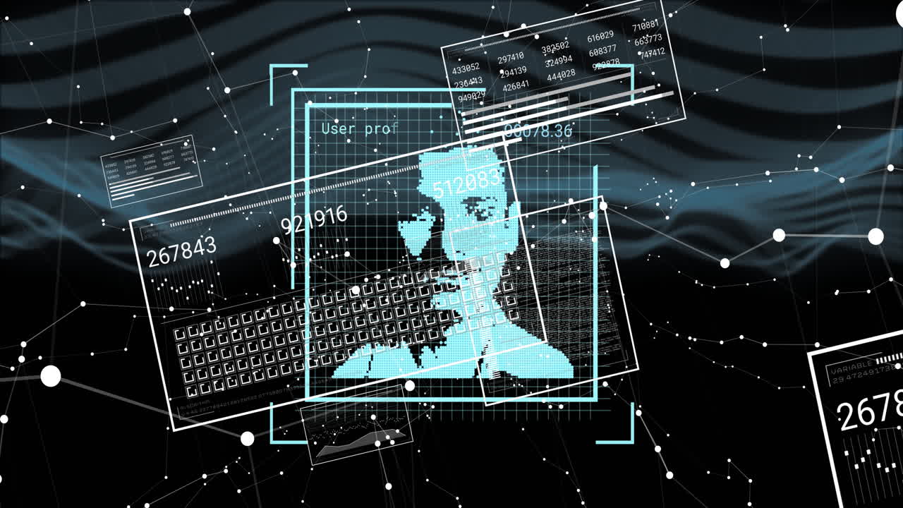 animación de fotos biométricas, procesamiento de datos digitales a través de pantallas y conexiones