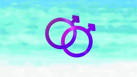 animation of two linked purple male gender symbols identifying gay male orientation, on blue