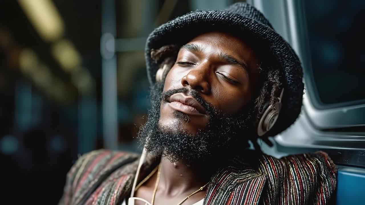 A man with a beard wearing a hat and headphones