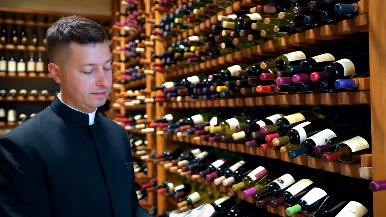 Priest Examining Wine Selection in a Cellar