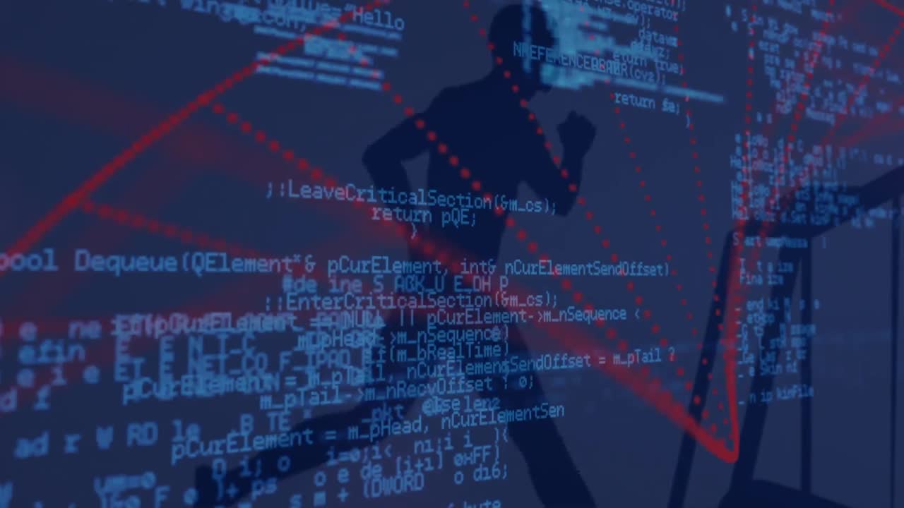 estructura de adn girando y procesamiento de datos contra la silueta de una persona corriendo en una cinta de correr
