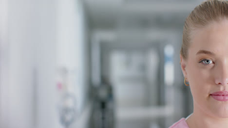portrait of happy caucasian female doctor with blonde hair, smiling, copy space, slow motion