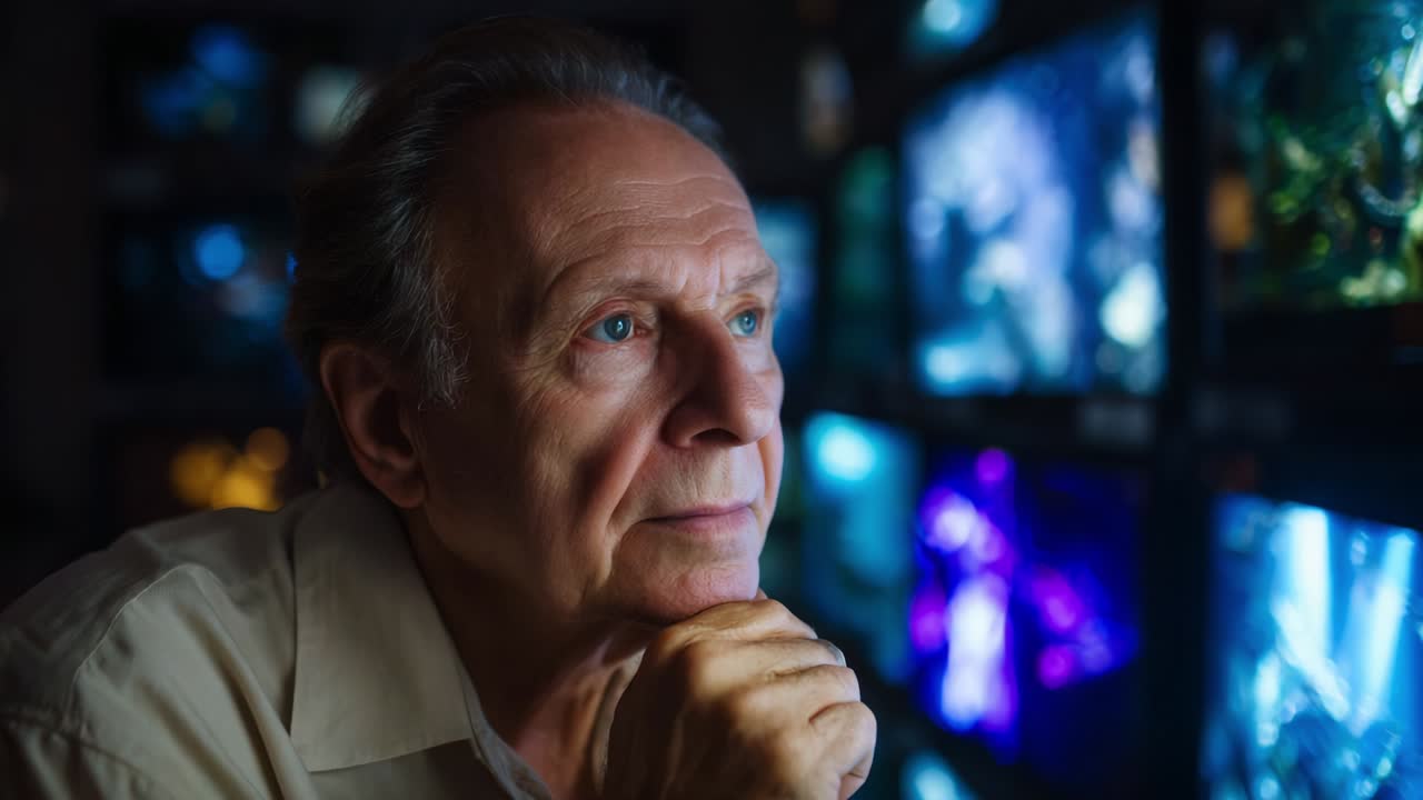 A contemplative individual gazes intently at colorful screens, lost in thought, reflecting on the intricate visuals and emotions conveyed by the images in a dimly lit environment, showcasing a moment of introspection