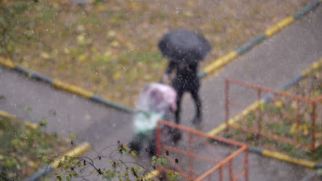 Mujer-Con-Niño-Afuera-En-Un-Día-Nevado-De-Otoño