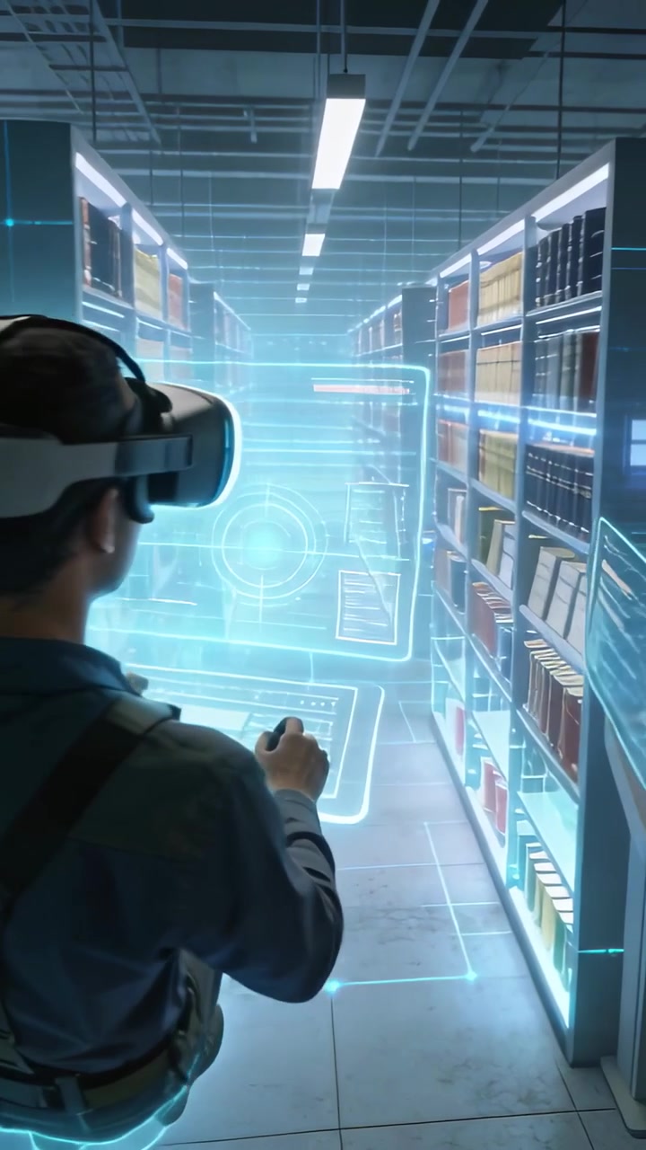 Vertical video: Male tech gesturing over console and activating holo UI for retrieving archives