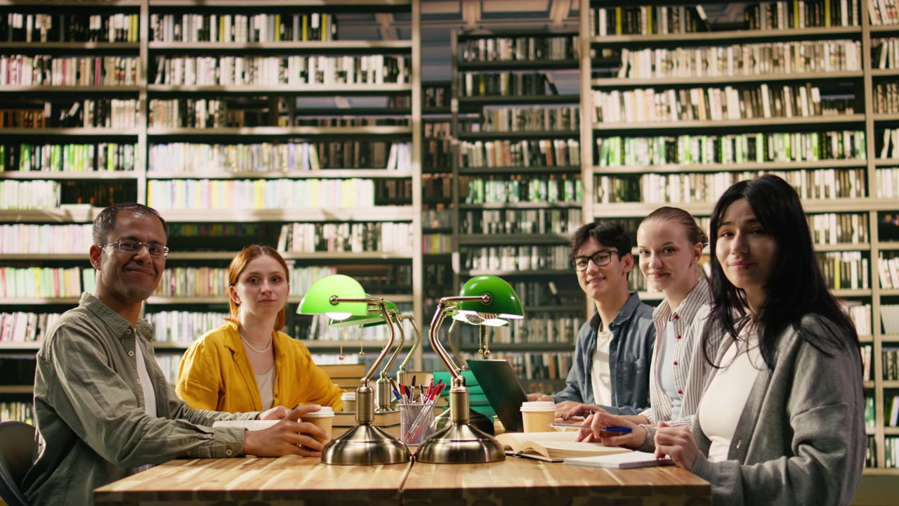 Portrait of smiling students and adult tutor sit together in library