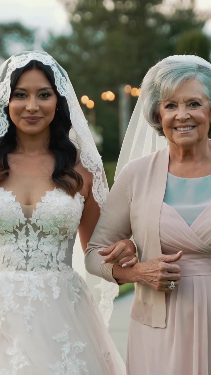 Video verticale: Sposa che cammina a braccetto con una donna anziana lungo il viale del giardino, mostrando il velo.